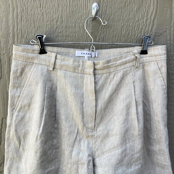FRAME Pleated Size 4 Shorts Khaki Linen Blend Cuff Hem High Waist Pockets Preppy - Picture 3 of 7